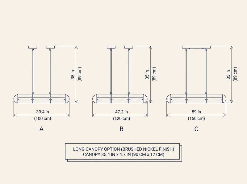 NYRVELA Cylindrical Endless Pendant Light technical dimension drawing, three length configurations A, B, C, plus Long Canopy option note for Brushed Nickel finish