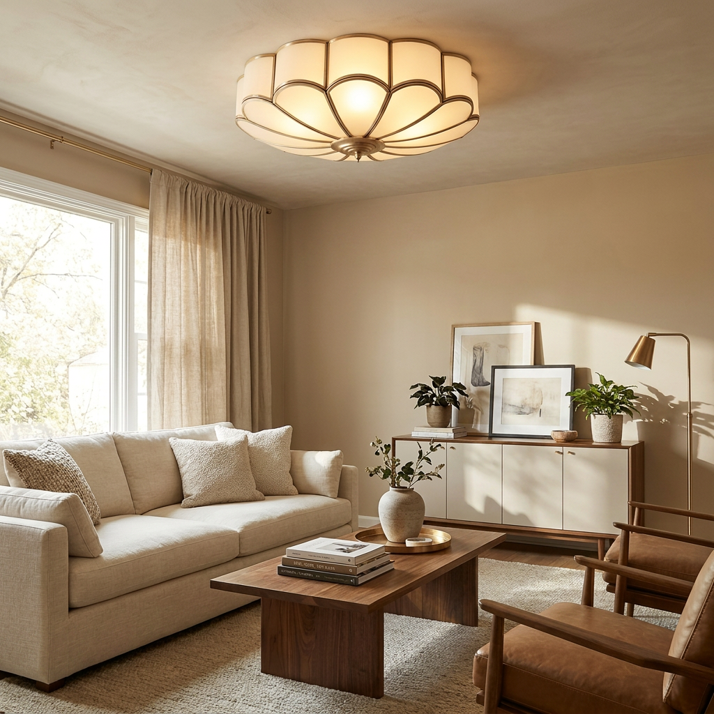 NYRVEQO Flower Shape Glass Recessed Ceiling Light with scalloped petal glass shade, installed in a living room