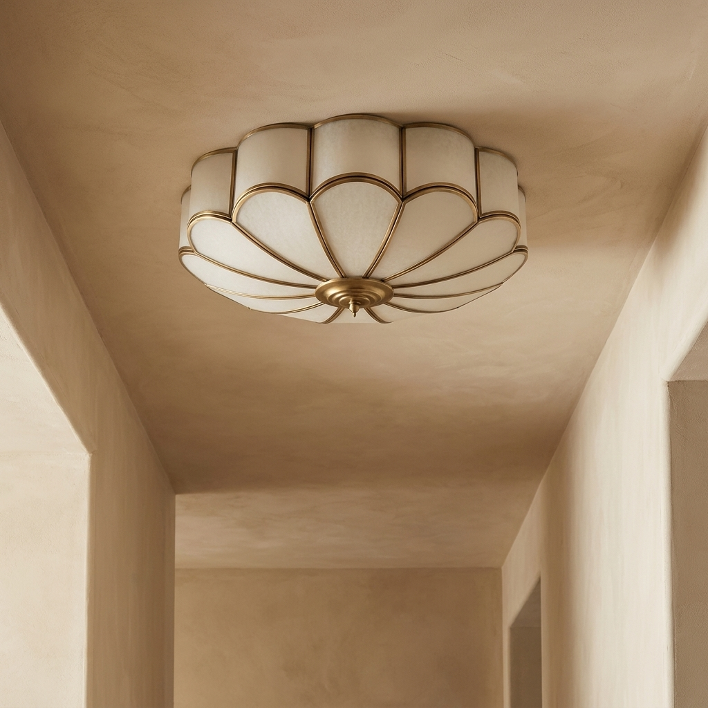 NYRVELA Flower Shape Glass Recessed Ceiling Light installed in an architectural hallway ceiling, upward angle