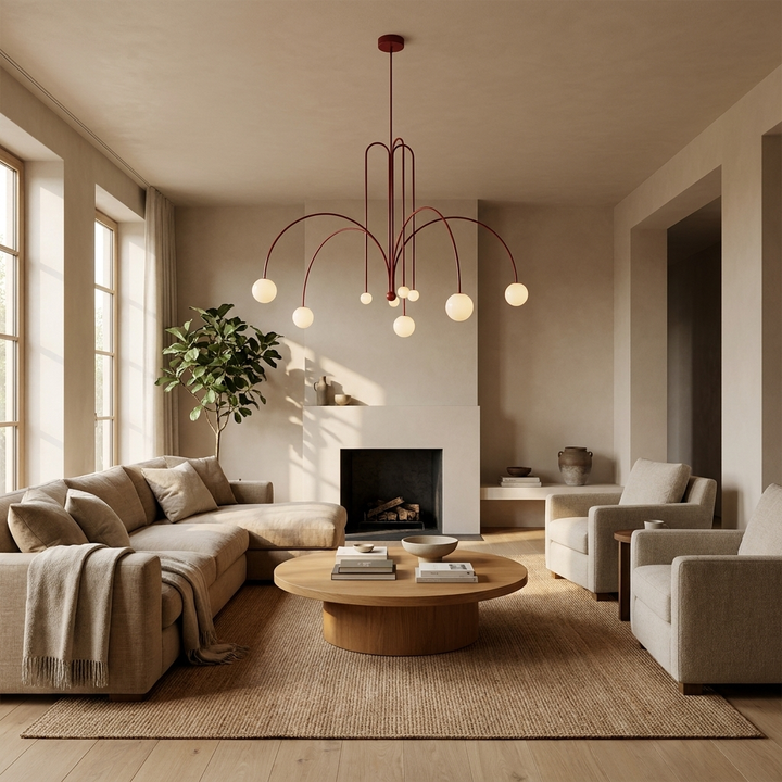 NYRVELA Gran Finale Suspension as a statement piece above a living room seating area