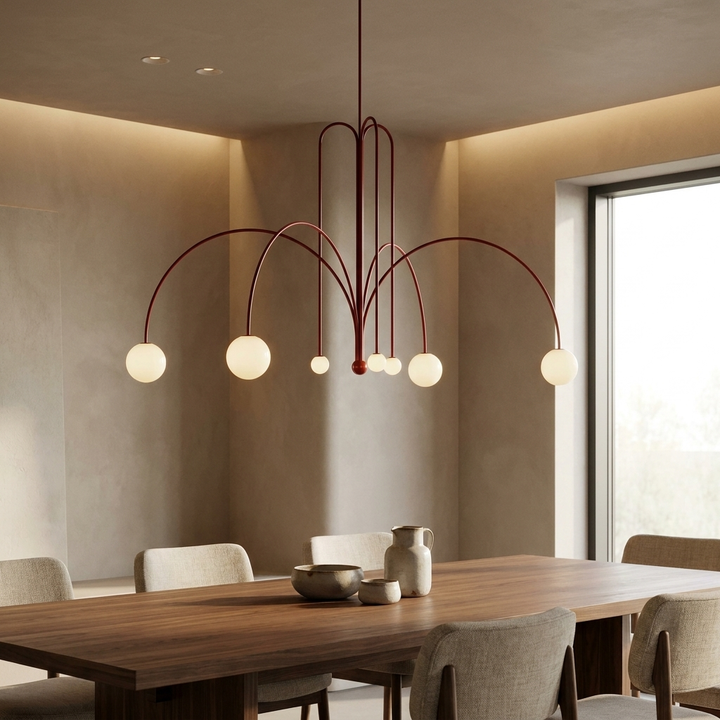 NYRVEQO Gran Finale Suspension sculptural chandelier with curved red lacquered arcs and glass globes, hanging above a dining table