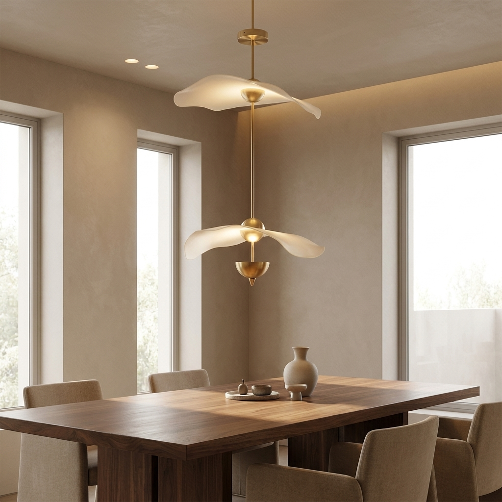 NYRVEQO Envolee Double Biscuit Pendant Light with two wavy glass discs, hanging above a dining table
