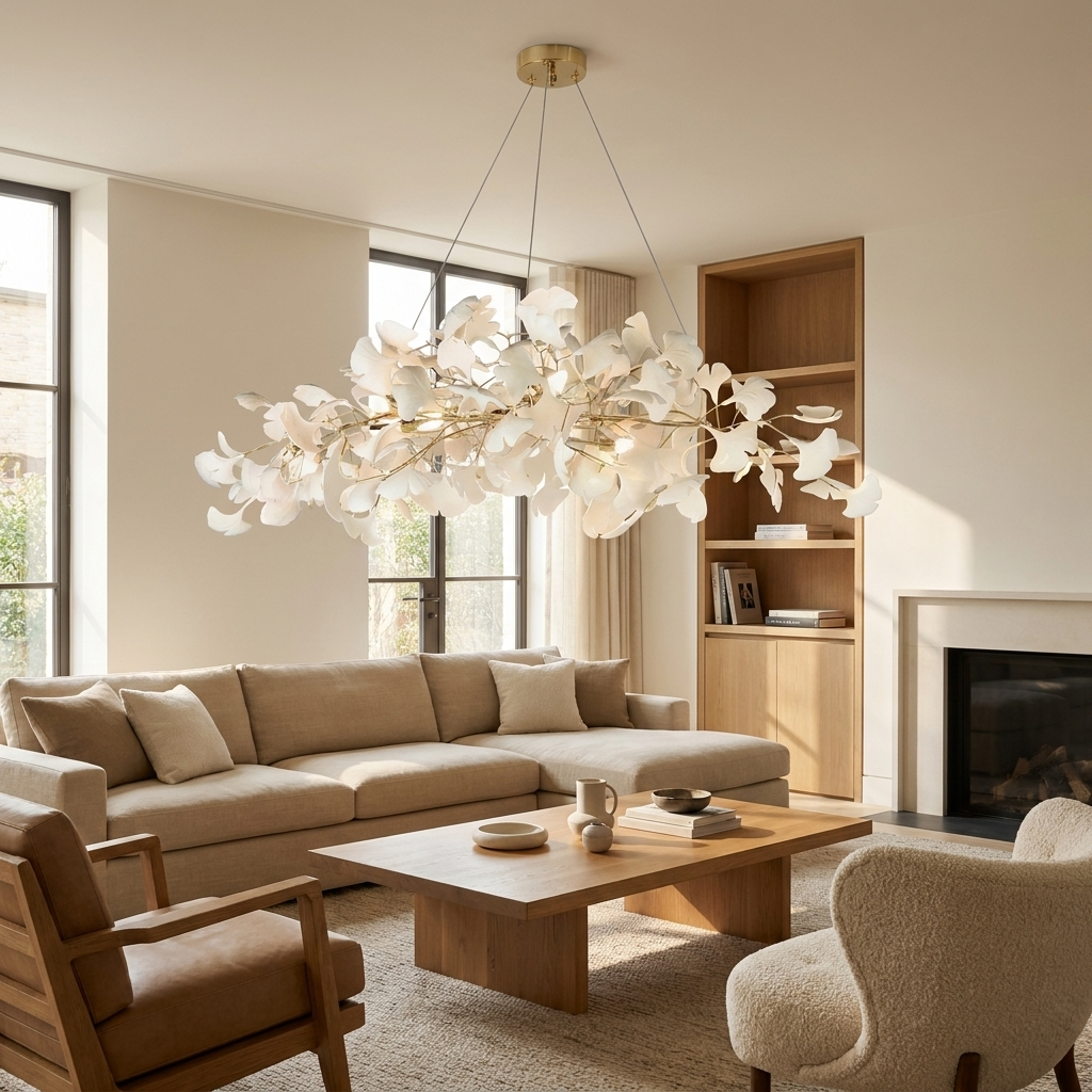 NYRVELA Gingko Plume Chandelier as a statement piece above a living room seating area