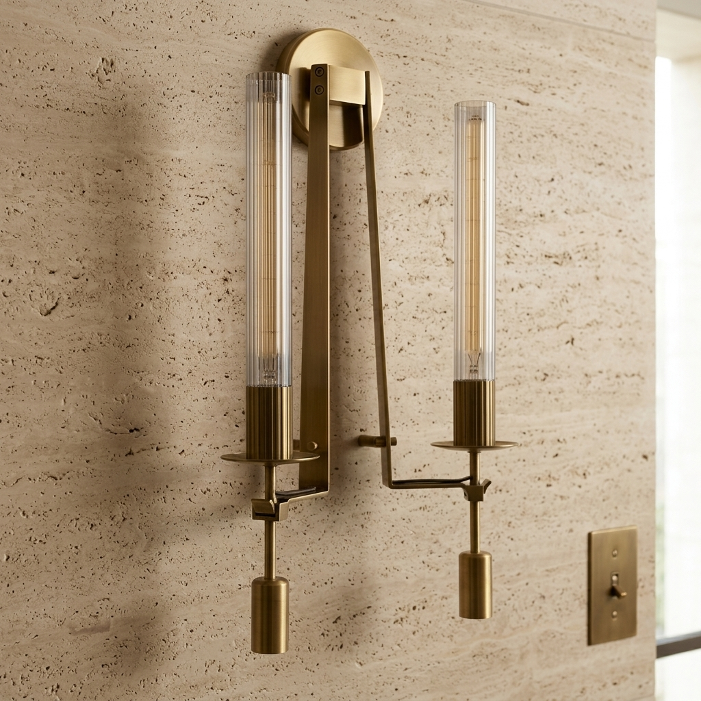 NYRVELA French Classicism Wall Lamp mounted in an architectural hallway with travertine tile, close detail view