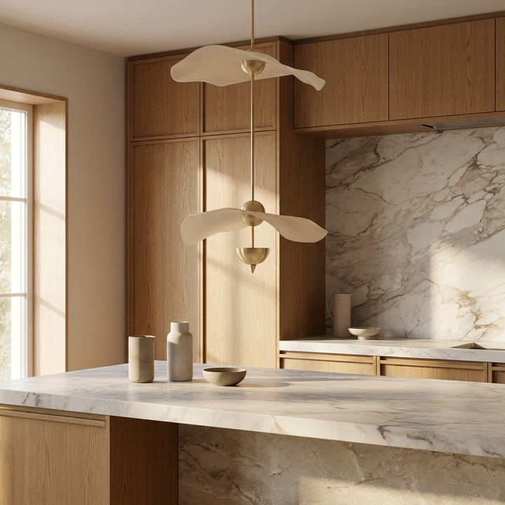 NYRVELA Envolee Double Biscuit Pendant Light hanging above a kitchen island with natural stone countertop