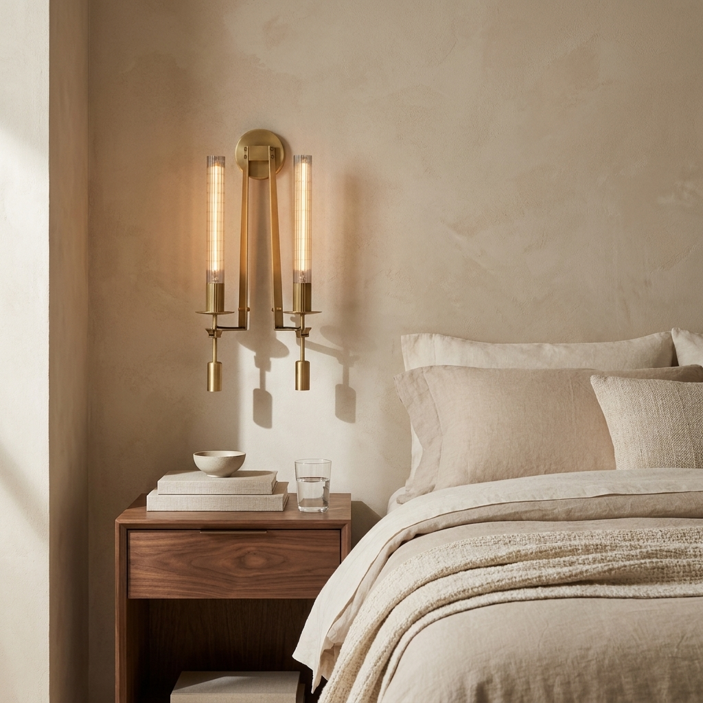 NYRVEQO French Classicism Wall Lamp with two splayed brass arms and fluted glass shades, mounted beside a bed