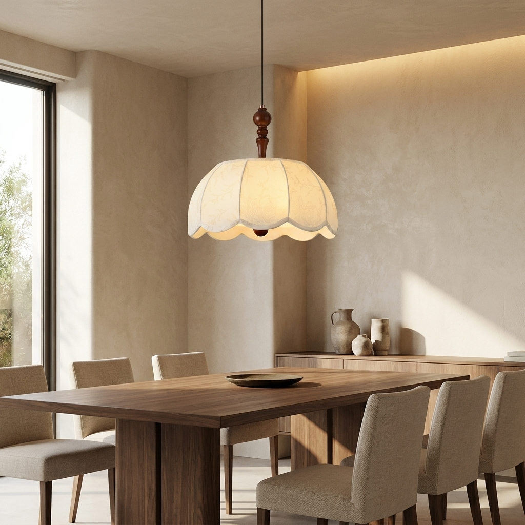 NYRVEQO Elowen Blossom Lantern Pendant Lamp with scalloped fabric shade, hanging above a dining table