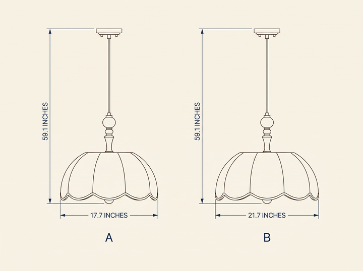 NYRVELA Elowen Blossom Lantern Pendant Lamp technical dimension drawing, two size configurations A and B, diameters 17.7 and 21.7 inches, height 59.1 inches