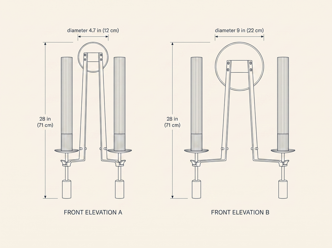 NYRVELA French Classicism Wall Lamp technical dimension drawing, two size configurations A and B, diameters 4.7 and 9 inches, height 28 inches