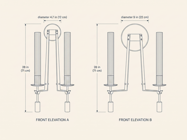 NYRVELA French Classicism Wall Lamp technical dimension drawing, two size configurations A and B, diameters 4.7 and 9 inches, height 28 inches
