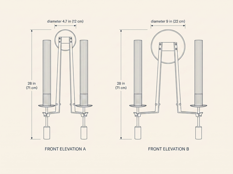 NYRVELA French Classicism Wall Lamp technical dimension drawing, two size configurations A and B, diameters 4.7 and 9 inches, height 28 inches