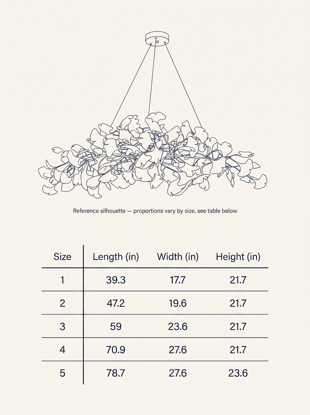 NYRVELA Gingko Plume Chandelier technical dimension drawing with reference silhouette and 5-row size table
