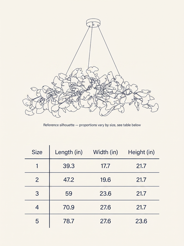 NYRVELA Gingko Plume Chandelier technical dimension drawing with reference silhouette and 5-row size table