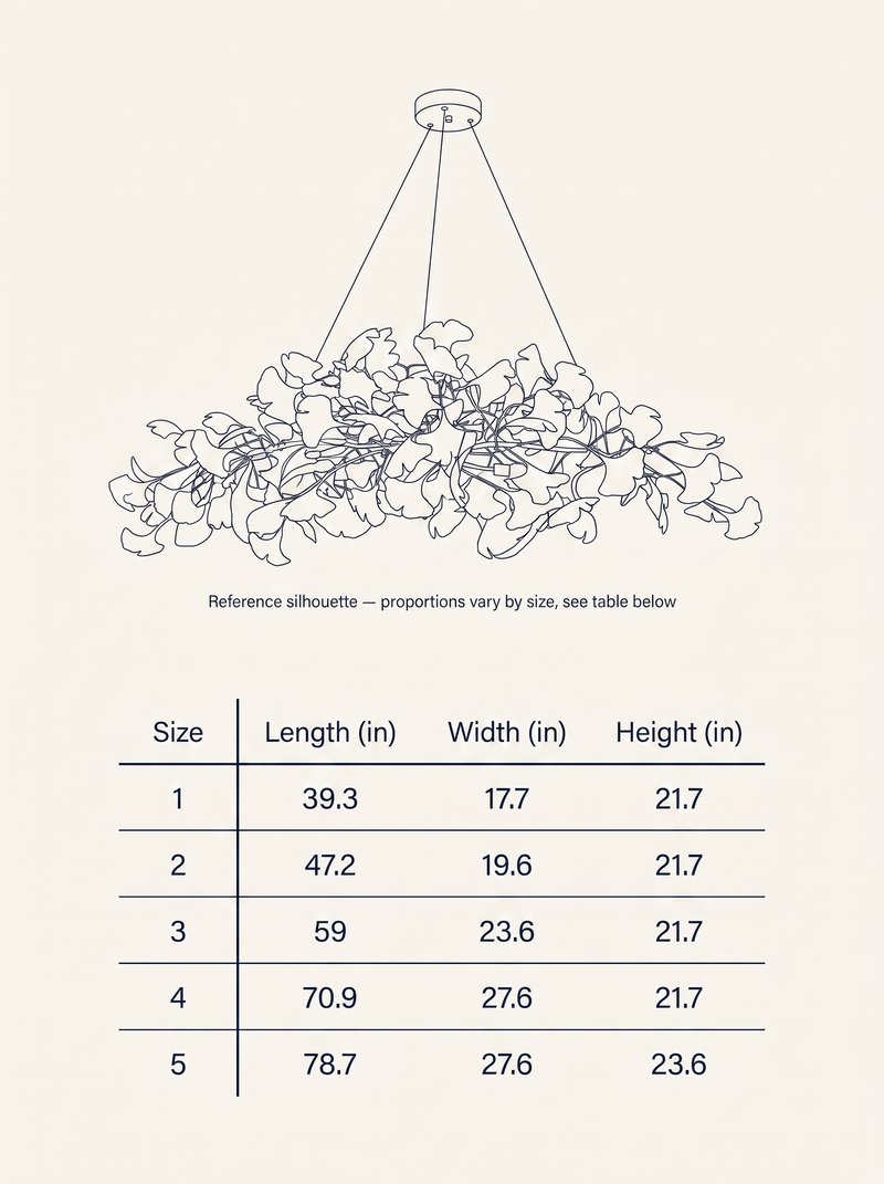 NYRVELA Gingko Plume Chandelier technical dimension drawing with reference silhouette and 5-row size table