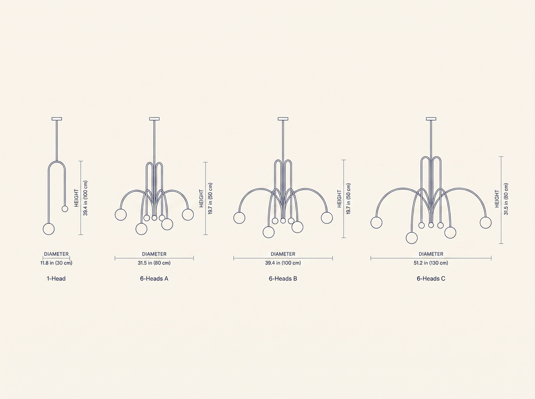 NYRVELA Gran Finale Suspension technical dimension drawing, 1-Head single-arm configuration plus 6-Heads fountain configuration at three sizes