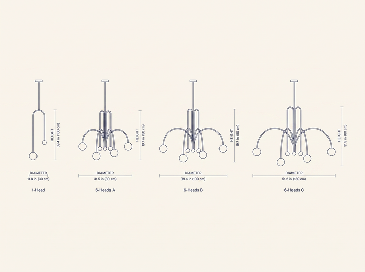 NYRVELA Gran Finale Suspension technical dimension drawing, 1-Head single-arm configuration plus 6-Heads fountain configuration at three sizes