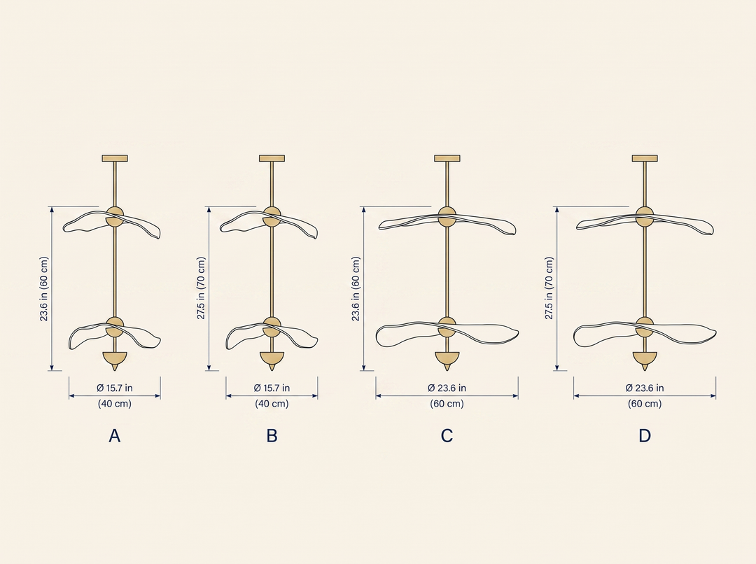 NYRVELA Envolee Double Biscuit Pendant Light technical dimension drawing, four size configurations A through D