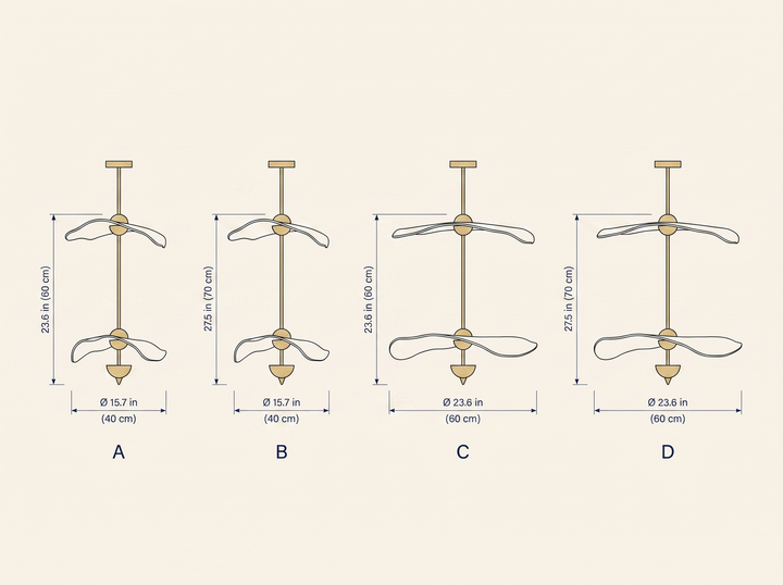 NYRVELA Envolee Double Biscuit Pendant Light technical dimension drawing, four size configurations A through D