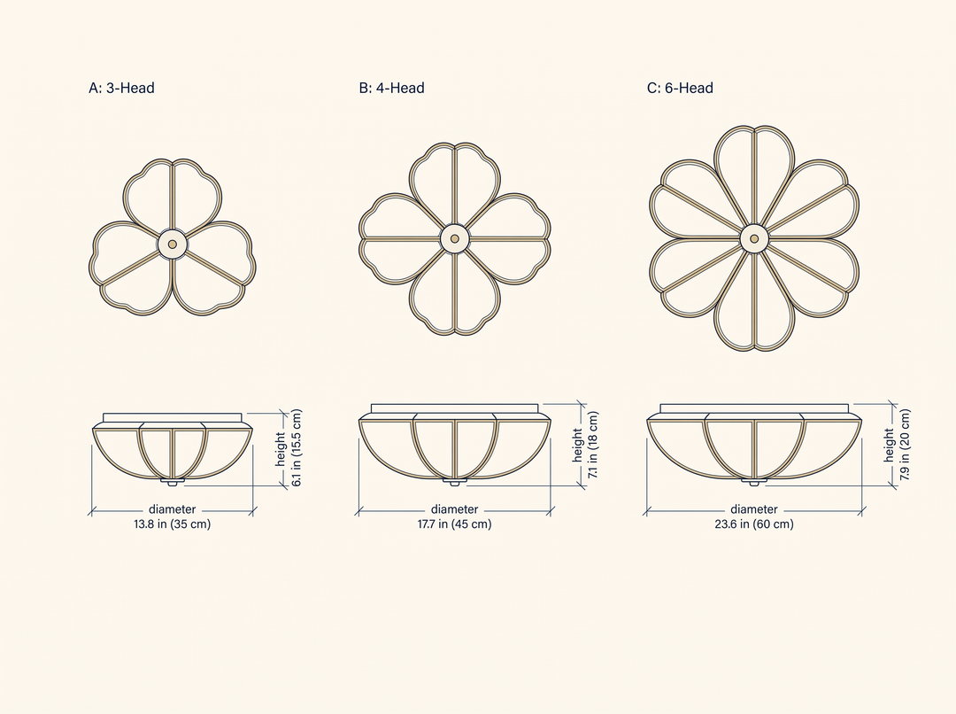 NYRVELA Flower Shape Glass Recessed Ceiling Light technical dimension drawing, three head configurations 3-Head, 4-Head, and 6-Head with correct petal counts