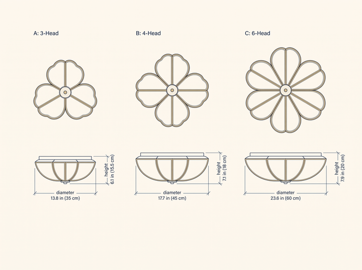 NYRVELA Flower Shape Glass Recessed Ceiling Light technical dimension drawing, three head configurations 3-Head, 4-Head, and 6-Head with correct petal counts
