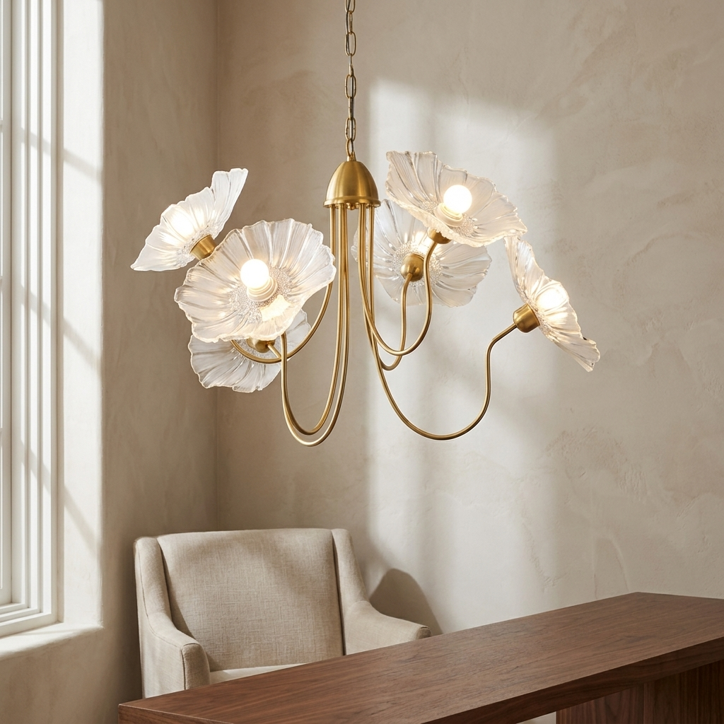 Lotus Leaf Glass Chandelier shown in a living room corner setting