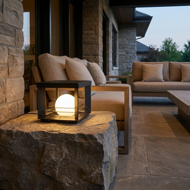 NYRVEQO Lunar Crate Outdoor Lamp with glowing orb on a covered patio at dusk