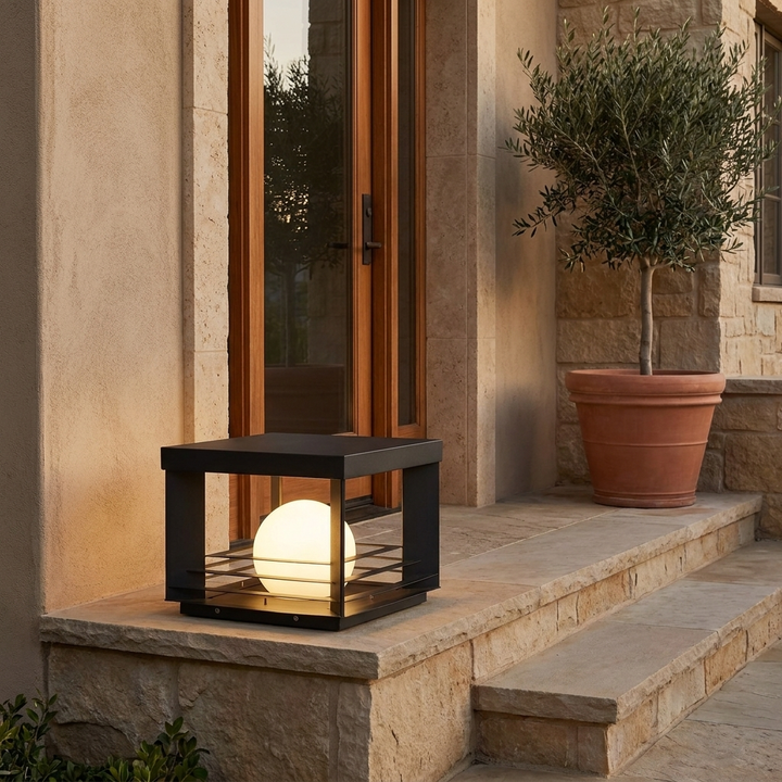 Lunar Crate Outdoor Lamp shown beside an entryway door