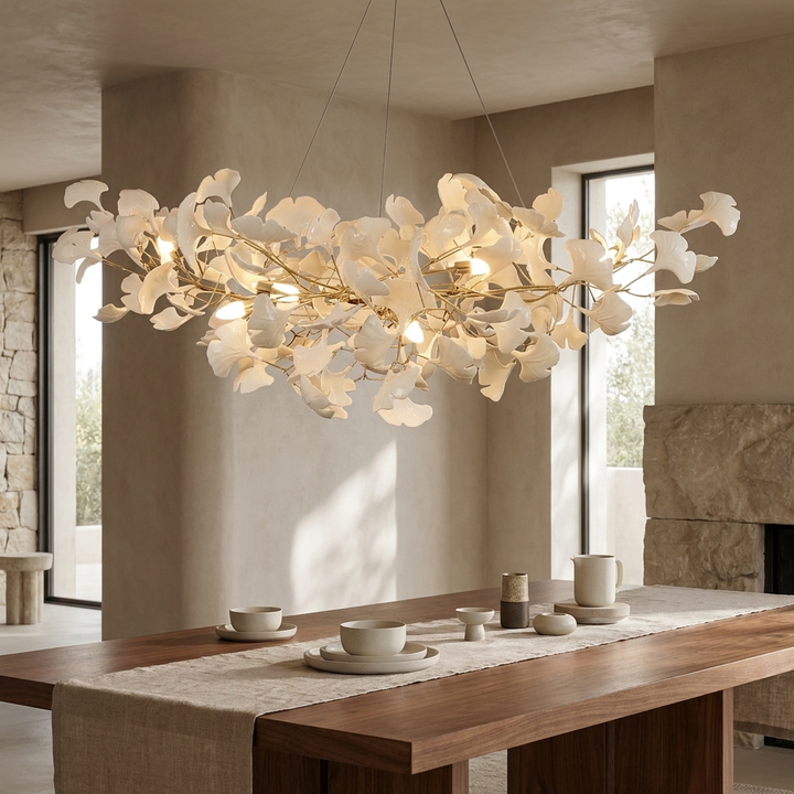 NYRVEQO Horizon Bloom Gingko Chandelier with gold branches and porcelain leaves above a dining table
