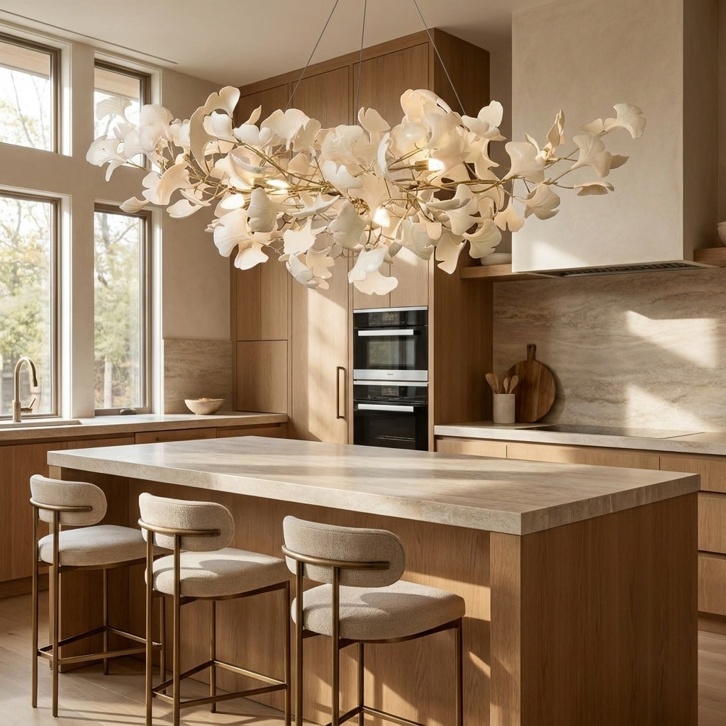 Horizon Bloom Gingko Chandelier shown above a kitchen island