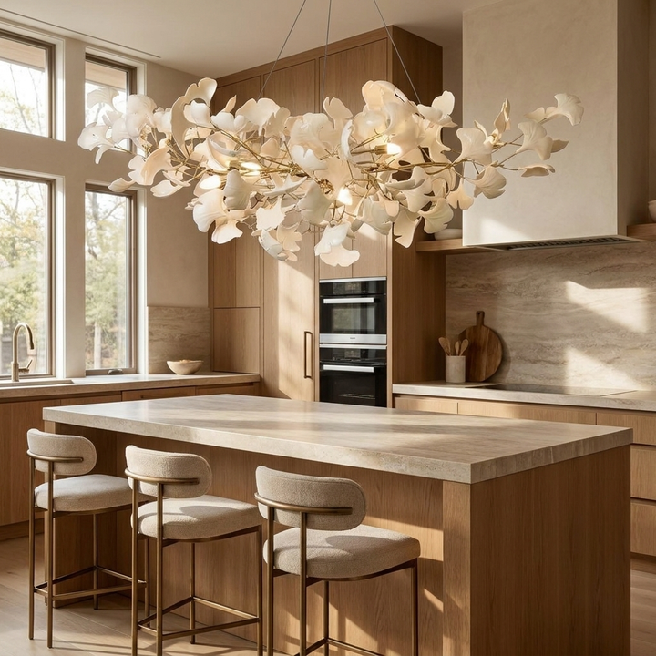 Horizon Bloom Gingko Chandelier shown above a kitchen island