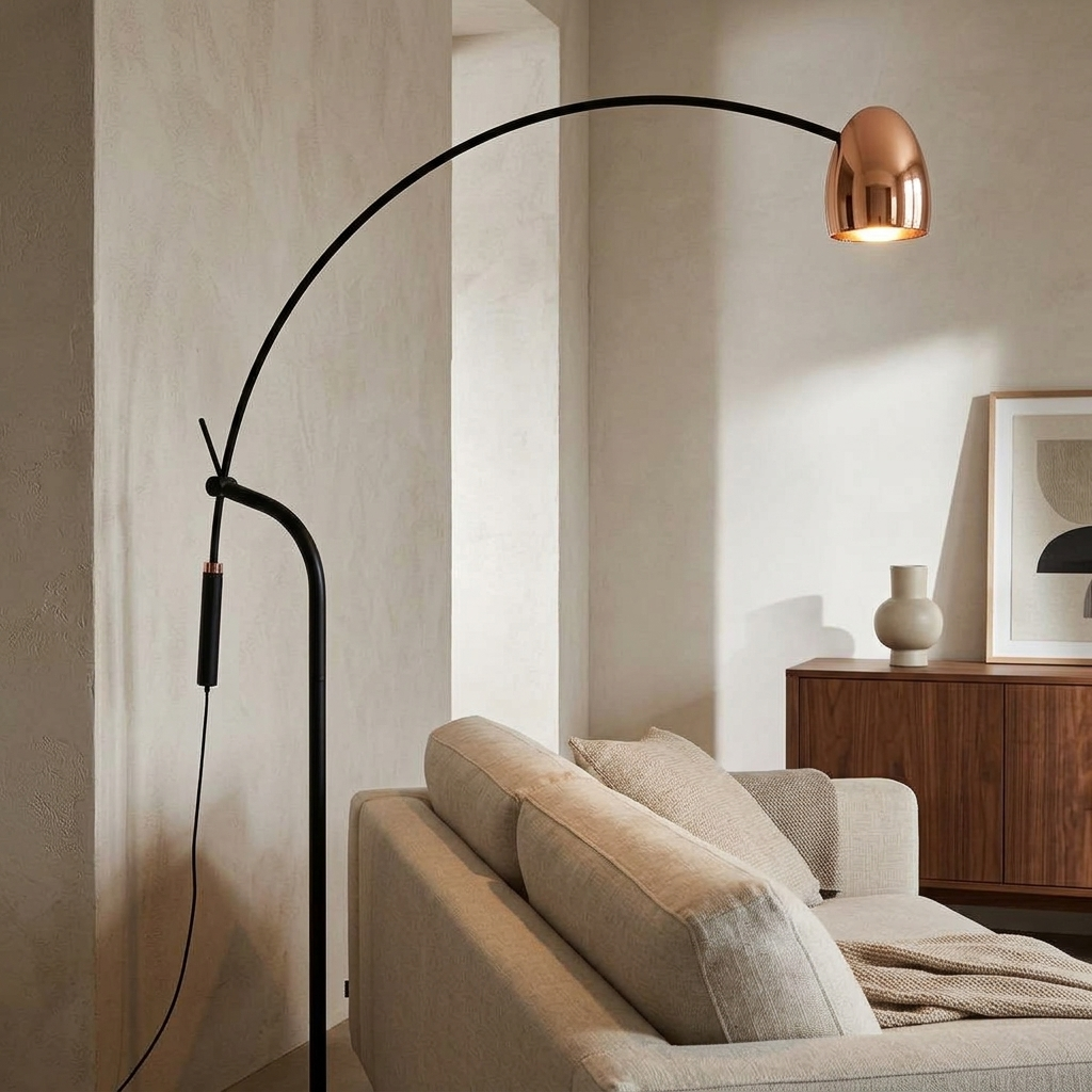 Hercules arc floor lamp shown behind a sofa in a living room corner