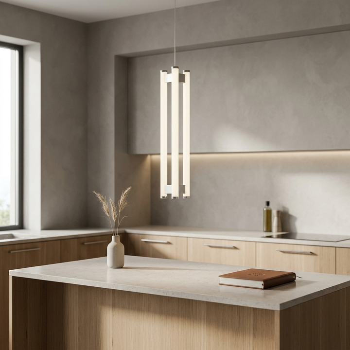 NYRVEQO Lia Pendant Light with minimalist white tube design above a kitchen island