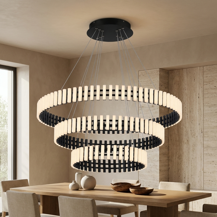 NYRVEQO three-tier black and white LED slatted ring chandelier hanging above a dining table in a contemporary interior