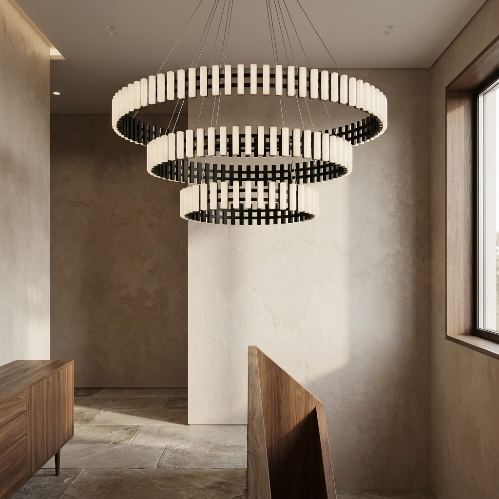 NYRVELA three-tier LED ring chandelier shown in a living room stairwell setting