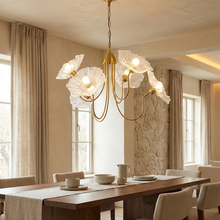 NYRVEQO Lotus Leaf Glass Chandelier with gold frame and frosted glass leaf shades above a dining table