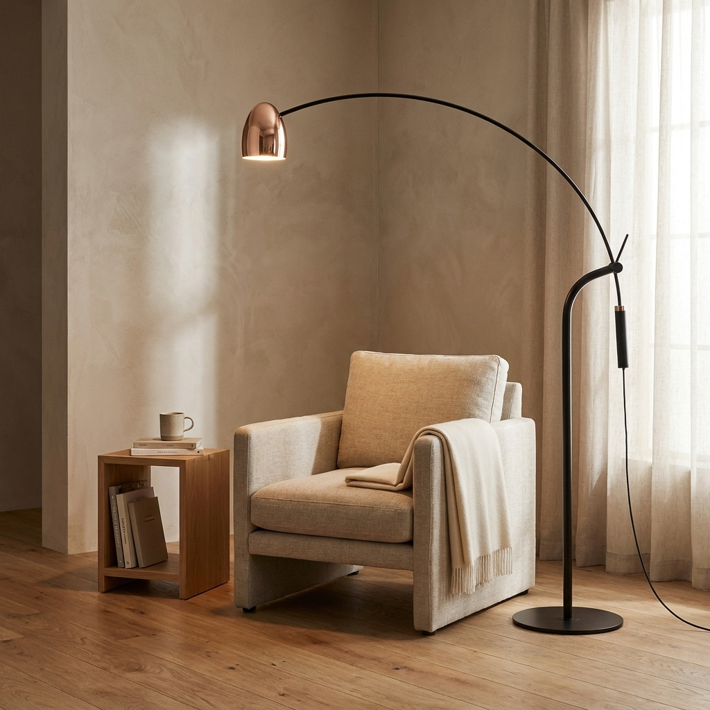 NYRVEQO Hercules arc floor lamp with rose gold dome shade beside a reading chair in a contemporary living room