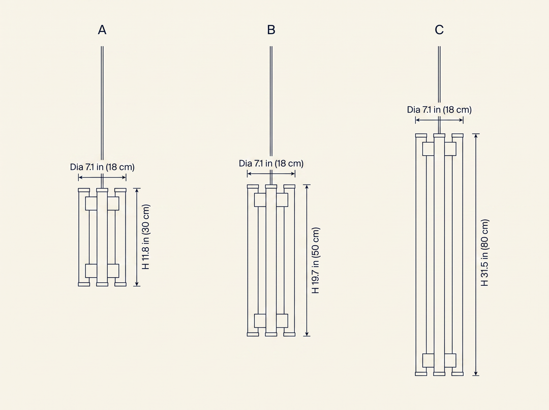Lia Pendant Light dimension specifications drawing showing three available suspended lengths