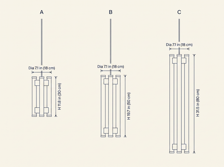 Lia Pendant Light dimension specifications drawing showing three available suspended lengths