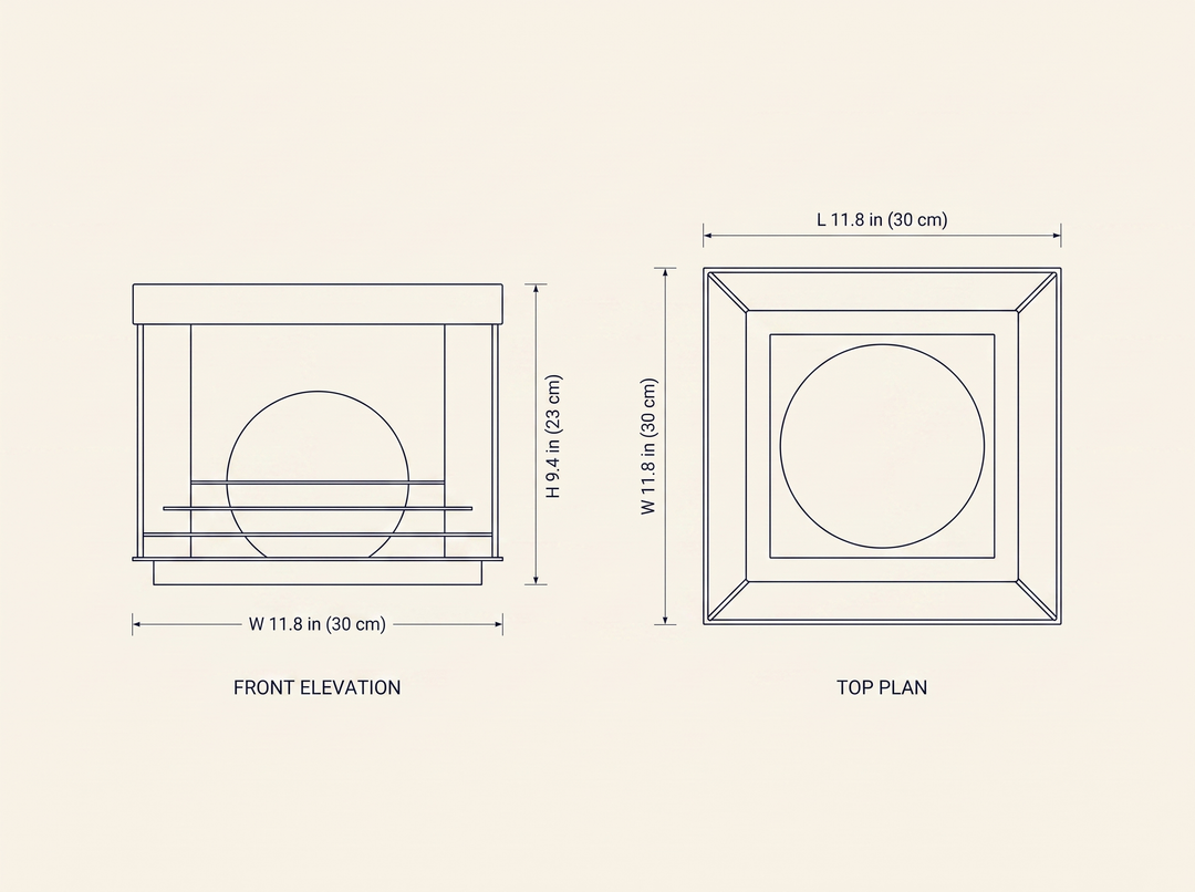 Lunar Crate Outdoor Lamp dimension specifications drawing with front elevation and top plan views