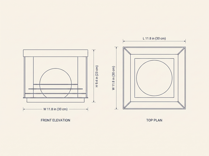Lunar Crate Outdoor Lamp dimension specifications drawing with front elevation and top plan views