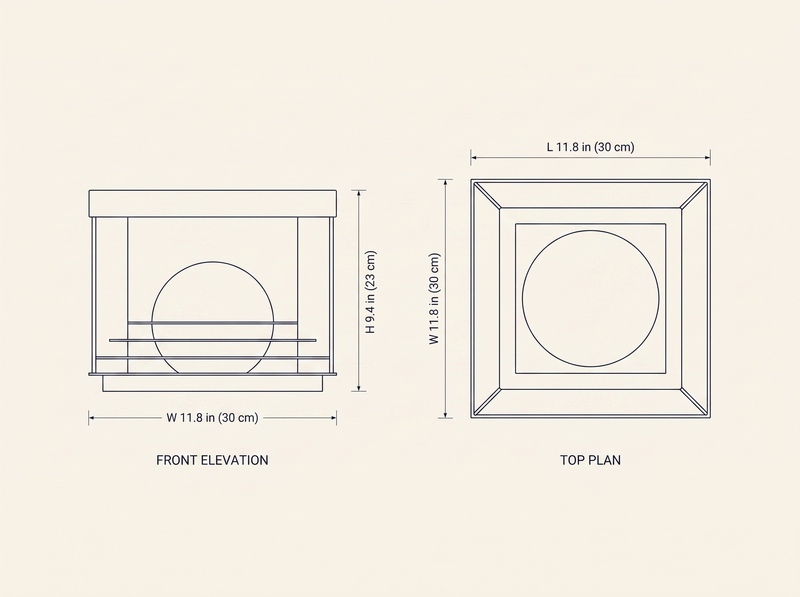 Lunar Crate Outdoor Lamp dimension specifications drawing with front elevation and top plan views