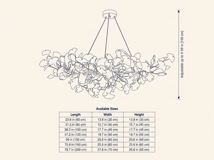 Horizon Bloom Gingko Chandelier dimension specifications drawing with all seven available sizes