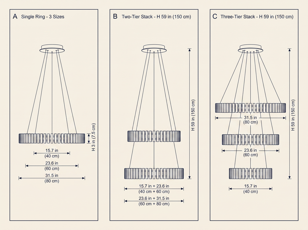 Hanging LED Chandelier dimension specifications drawing showing single, two-tier, and three-tier ring configurations