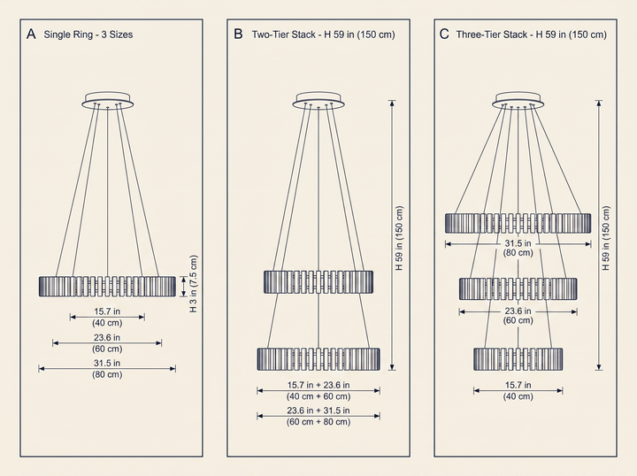 Hanging LED Chandelier dimension specifications drawing showing single, two-tier, and three-tier ring configurations