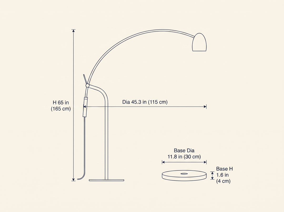 Hercules Floor Lamp dimension specifications drawing with overall height, reach, and base measurements