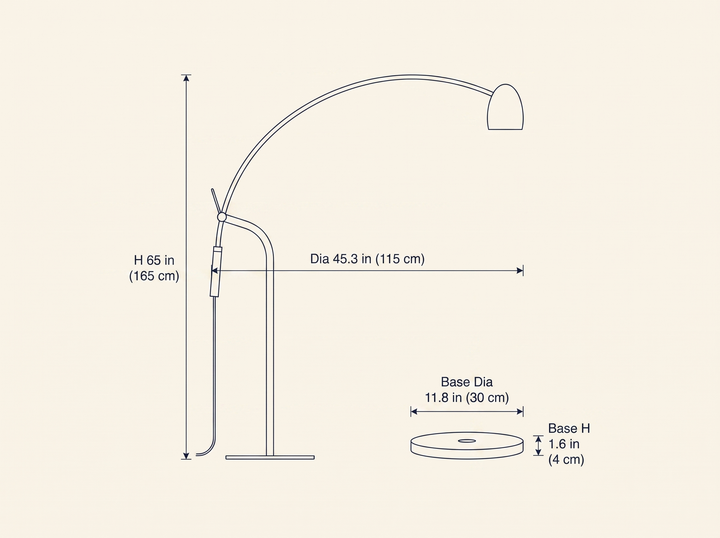 Hercules Floor Lamp dimension specifications drawing with overall height, reach, and base measurements