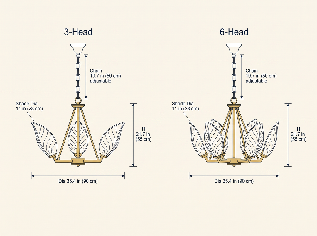 Lotus Leaf Glass Chandelier dimension specifications drawing comparing 3-head and 6-head configurations
