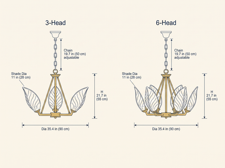 Lotus Leaf Glass Chandelier dimension specifications drawing comparing 3-head and 6-head configurations