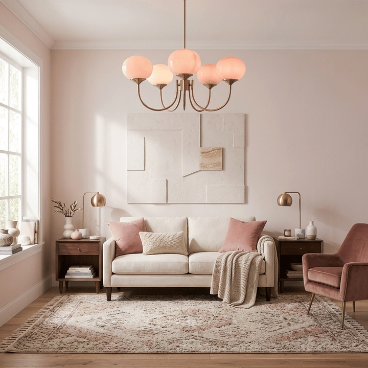 NYRVEQO Marshmallow Chandelier with gold arms and pink glass globe shades in a contemporary living room