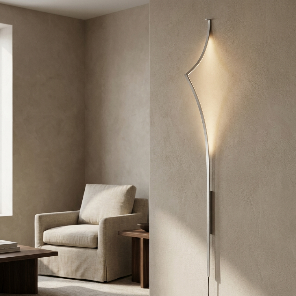 Minimalist Curving Ribbon LED Wall Sconce shown in a living room corner